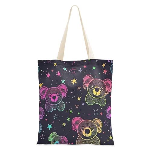 voucong Tragetasche aus Segeltuch mit niedlichem Koalabär, Neonstern, für Damen, mit Taschen und Griffen, wiederverwendbare Tragetasche, Geschenk von voucong