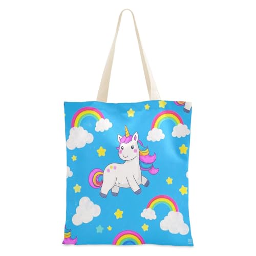 voucong Tragetasche aus Segeltuch mit niedlichen Einhörnern, Regenbogenblau, mittelgroß, mit Taschen und Griffen, wiederverwendbar, Geschenk für Lehrer von voucong