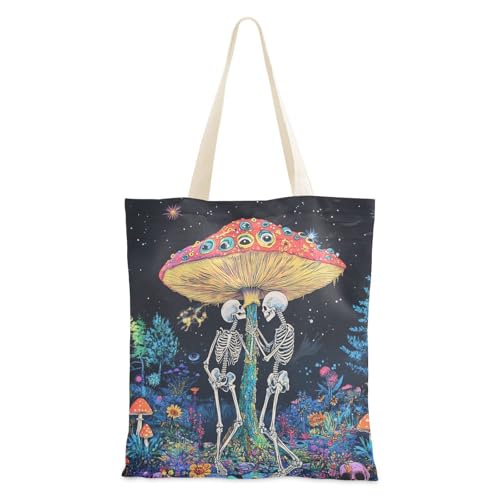 voucong Tragetasche aus Segeltuch mit psychedelischen Totenköpfen für Damen, mit Taschen und Griffen, wiederverwendbare Leinentaschen, Geschenk für Lehrer von voucong