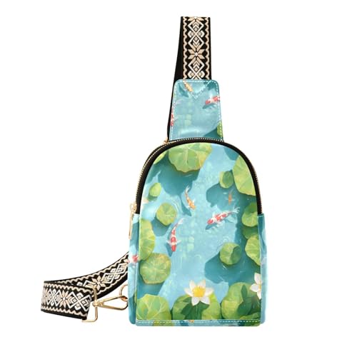 voucong Trendige 3D-Teichlandschaft, markante Fisch- und Blumen-Bauchtasche, Crossbody-Tasche, Anti-Diebstahl-Rucksack für Damen zum Wandern, 3D-Teichlandschaft, unverwechselbare Fische und Blumen, 1 von voucong