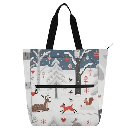 voucong Weiße und fröhliche Weihnachts-Schneeszene, niedliche Buch-Tragetasche für Kinder, Studenten, Erwachsene, leicht, wiederverwendbar, Lebensmittel-Strandtasche mit Reißverschluss für Schule und von voucong