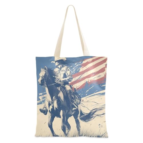 voucong Western Cowboy 4. Juli Unabhängigkeitstag Tragetasche aus Segeltuch für Frauen mit Taschen mit Griffen, wiederverwendbare Canvas-Tragetasche, niedliches Geschenk von voucong