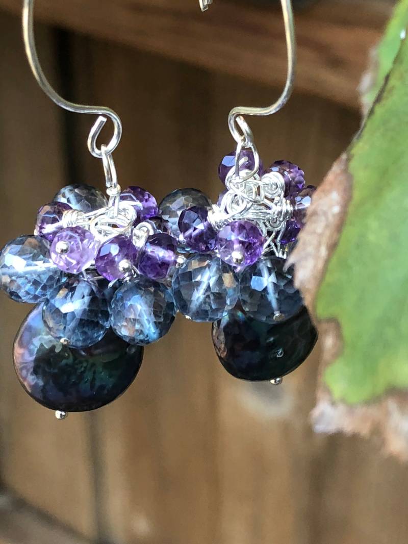 Grau Iris Barock Perle, Amethyst Und Blau Grau Quarz Cluster Baumeln Ohrringe Meerjungfrau Perle Schmuck Mama Geschenk von vowangems