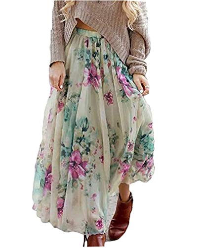 Frauen Sommer Chiffon Blumendruck Rock Hohe Taille Dehnbar Plissee Ausgestellt Maxi Röcke Boho Jersey Gypsy Stil Gr. 44, grün von vpuquuz