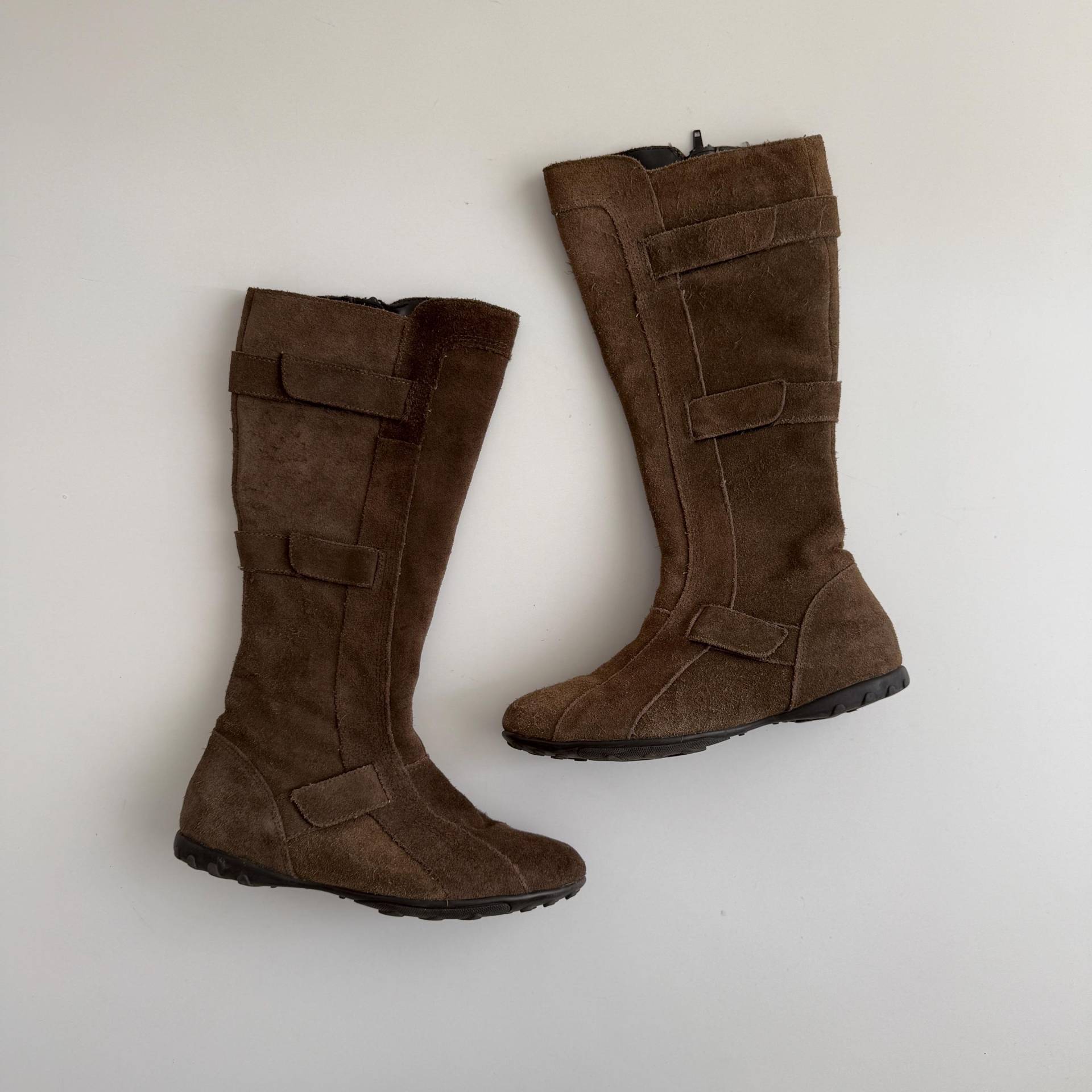 Y2K Vintage Braune Wildleder Leder Kniehohe Moto Biker Stiefel Mit Riemen/Größe Eu 39 von vsensi