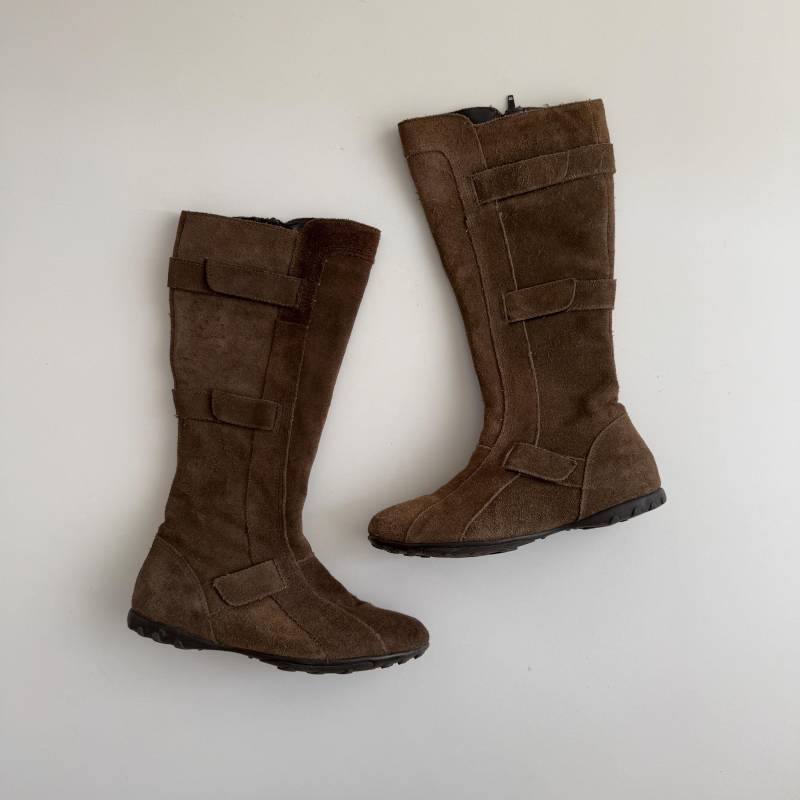 Y2K Vintage Braune Wildleder Leder Kniehohe Moto Biker Stiefel Mit Riemen/Größe Eu 39 von vsensi