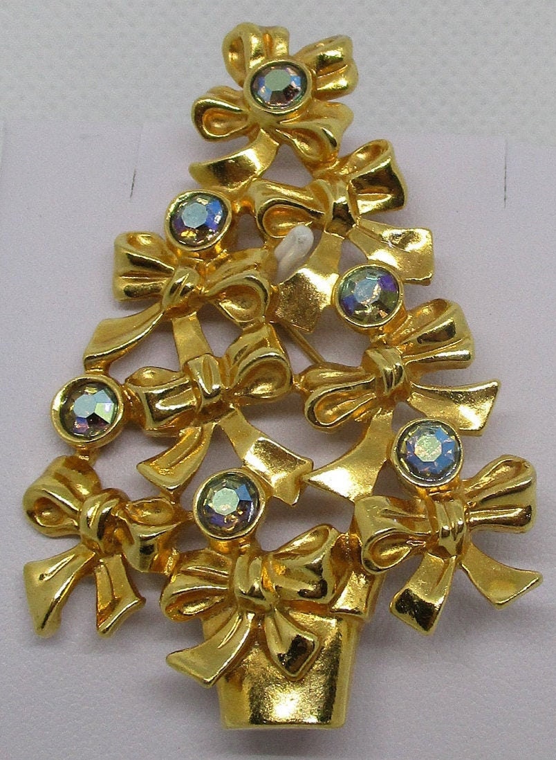 Avon Strass Bogen Baum Brosche Urlaub Schmuck Weihnachtsbaum Ab Gold Ton Pin 1970Er Jahre von vserendipityboutique