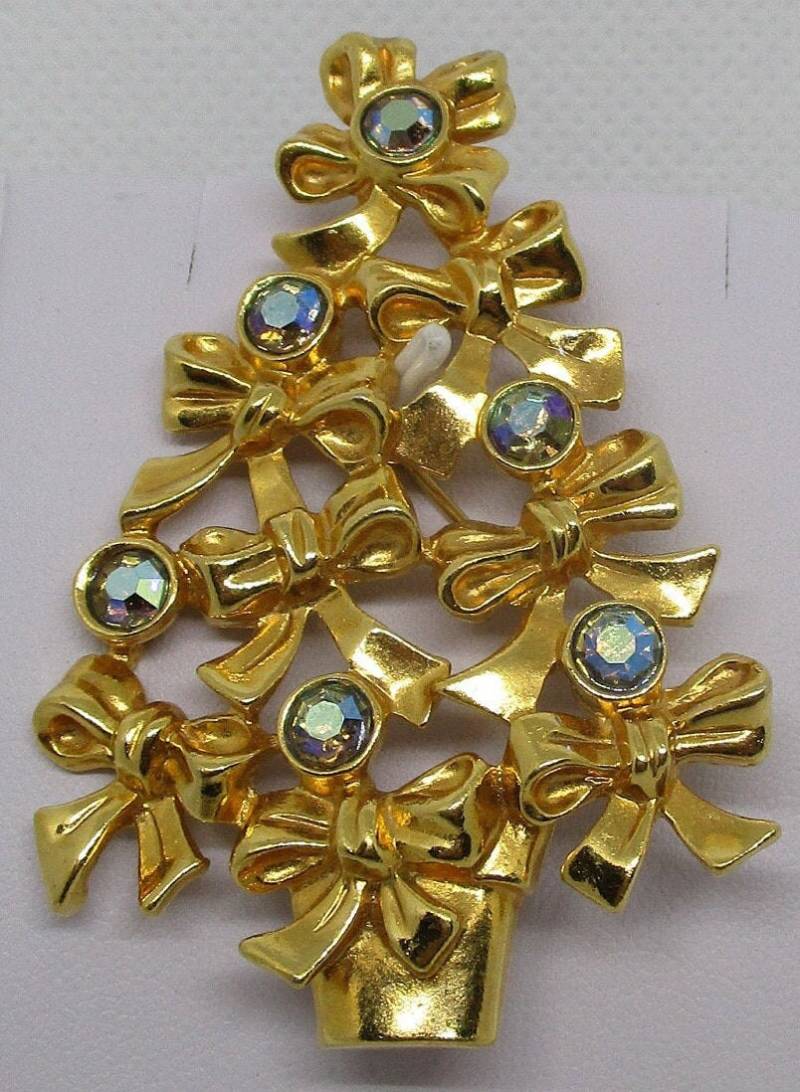 Avon Strass Bogen Baum Brosche Urlaub Schmuck Weihnachtsbaum Ab Gold Ton Pin 1970Er Jahre von vserendipityboutique
