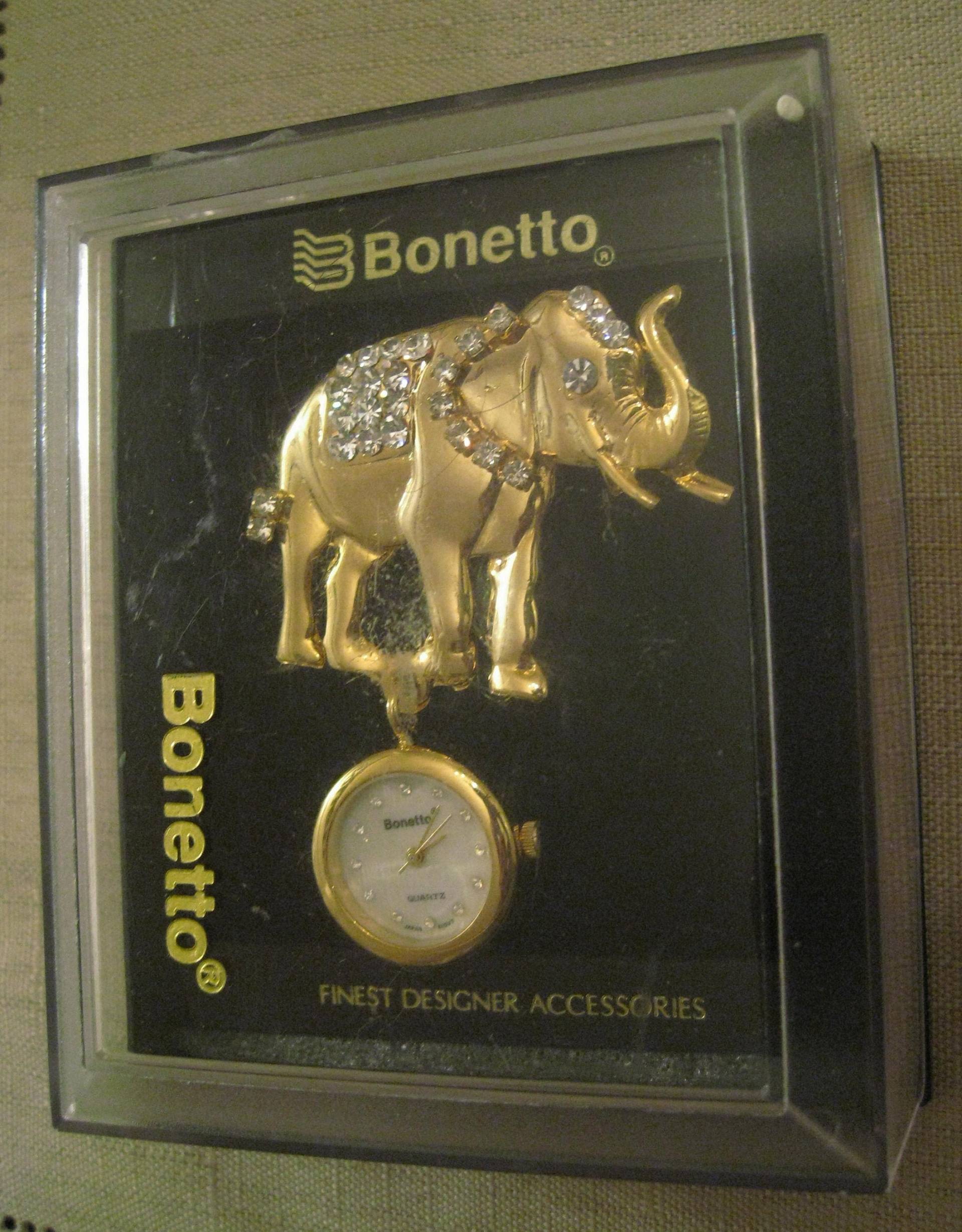 Bonetto Uhr Gold Ton Metall Rhinestone Elefant Baumeln Perlmutt Gesicht Strassstein Zahlen Brosche in Original Box von vserendipityboutique