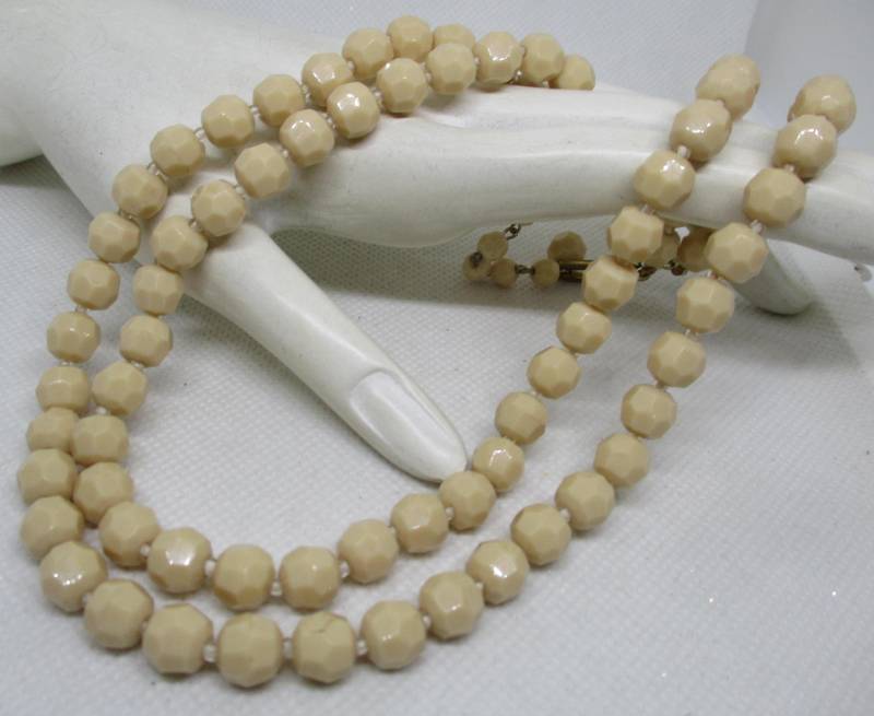 Glas Beige Facited Perlen & Klar Glas Rocailles Doppel Strang Halskette Verlängerungskette Messing J Verschluss Vintage 1960Er Jahre Nie Getragen von vserendipityboutique