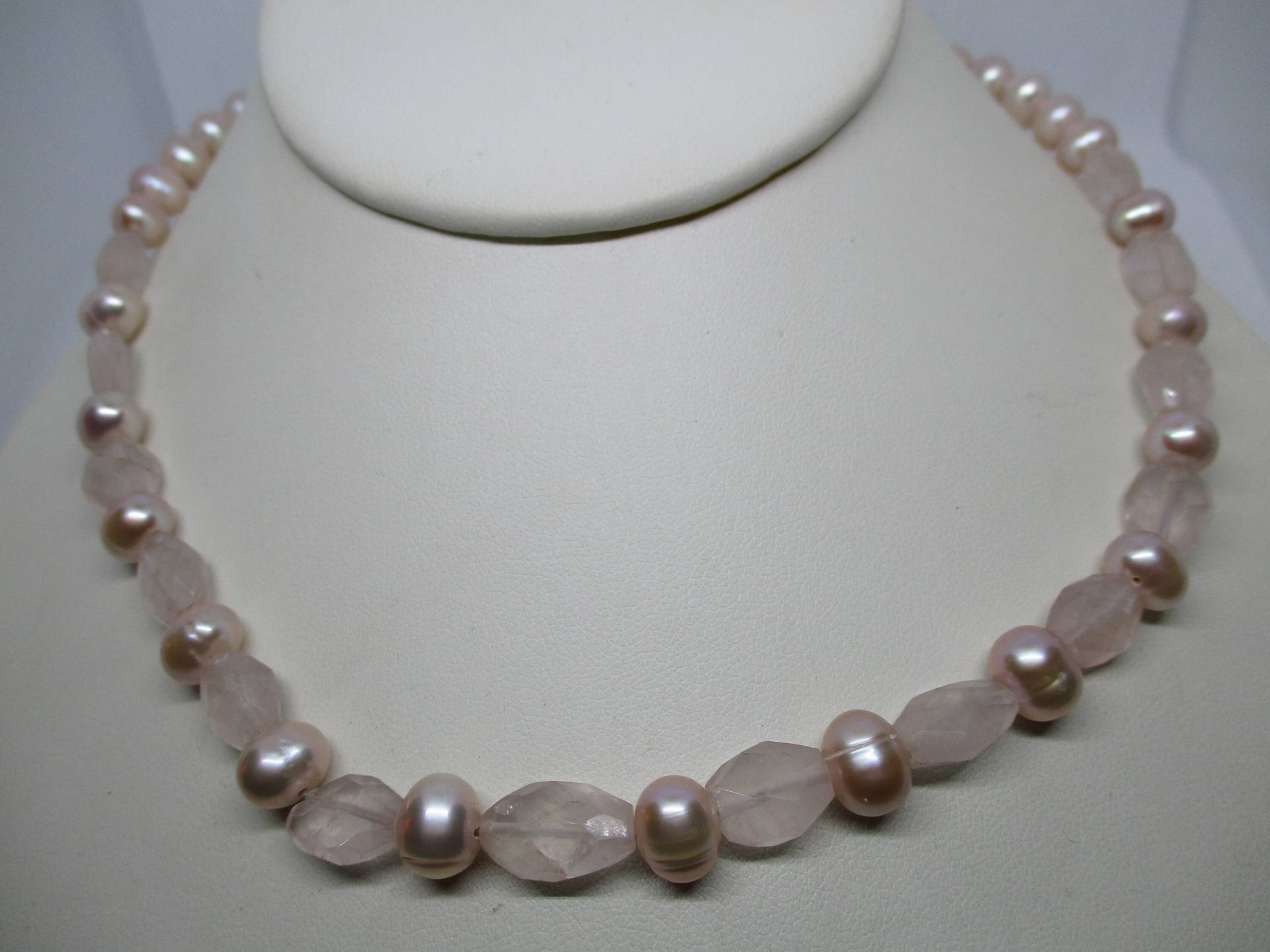 Süßwasser Perle & Rosenquarz Sterling Silber Halskette von vserendipityboutique