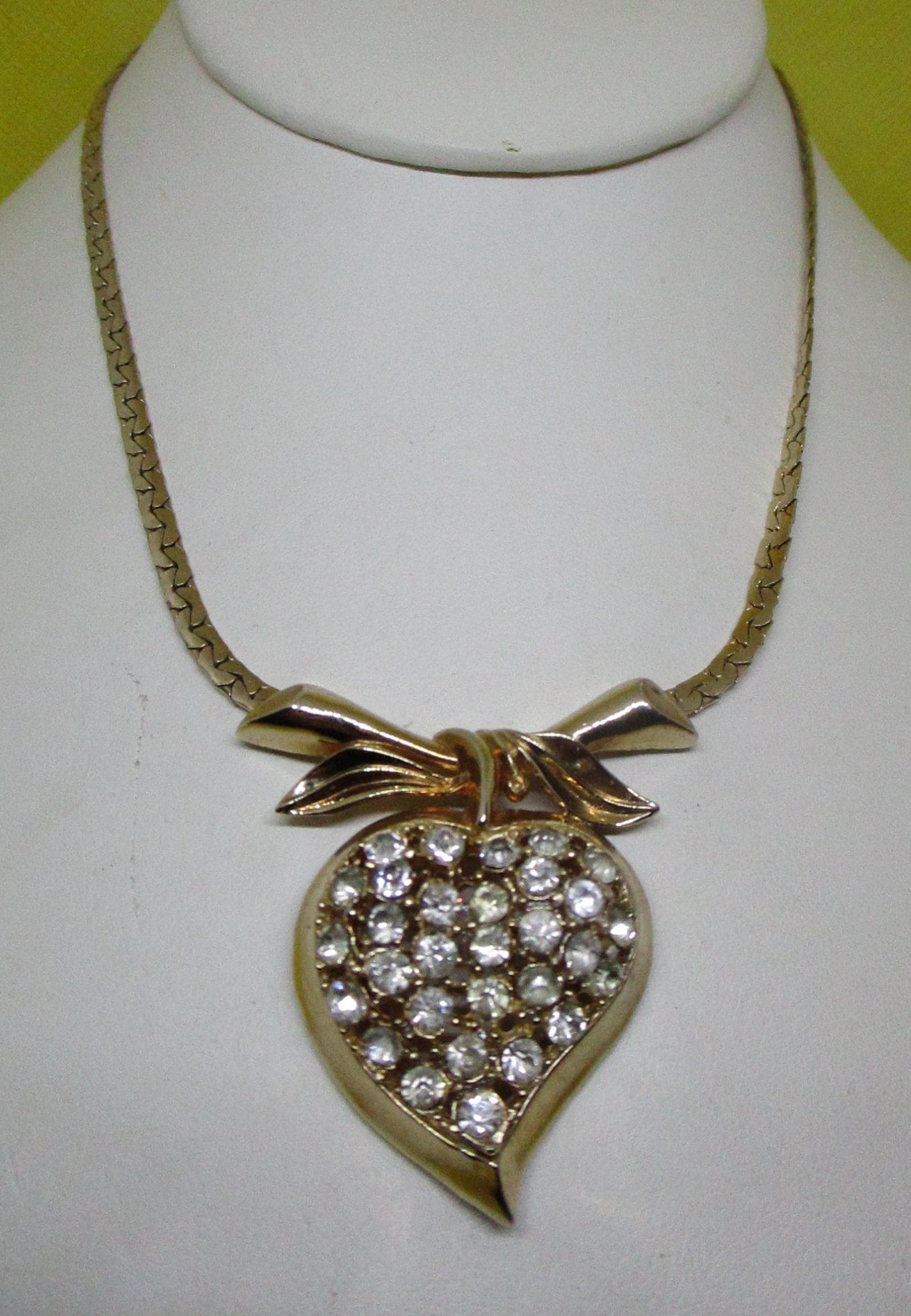 Vintage 1940Er Jahre Strass Herz Anhänger Halskette - Gold Ton Cobra Kette von vserendipityboutique