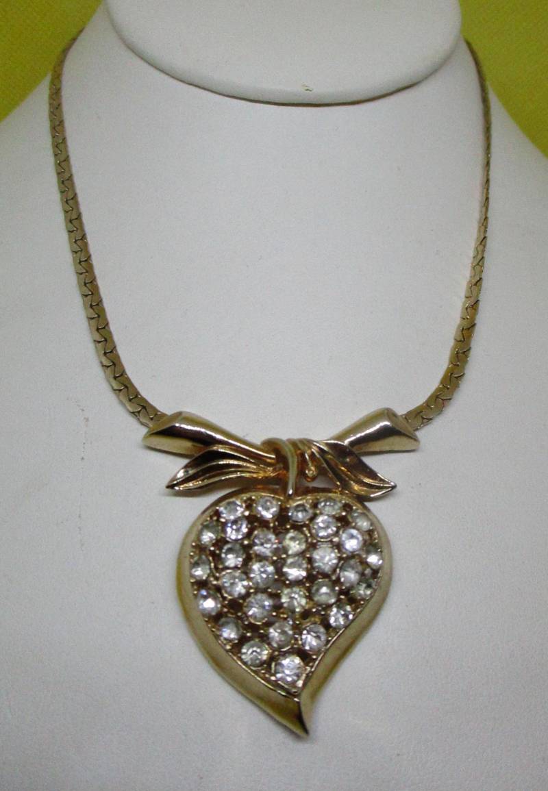 Vintage 1940Er Jahre Strass Herz Anhänger Halskette - Gold Ton Cobra Kette von vserendipityboutique