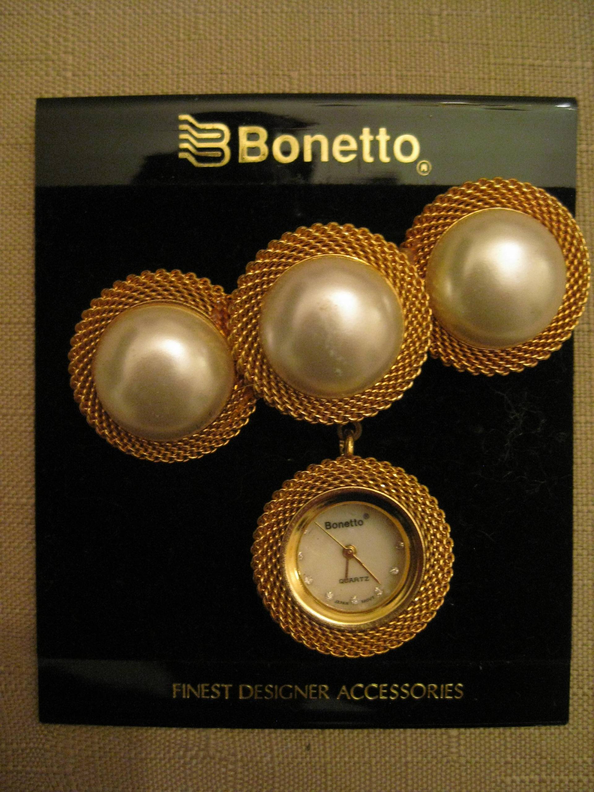 Vintage Bonetto Brosche Uhr Gold-Ton, Mesh, Kunstperlen, Strass-Gesicht von vserendipityboutique