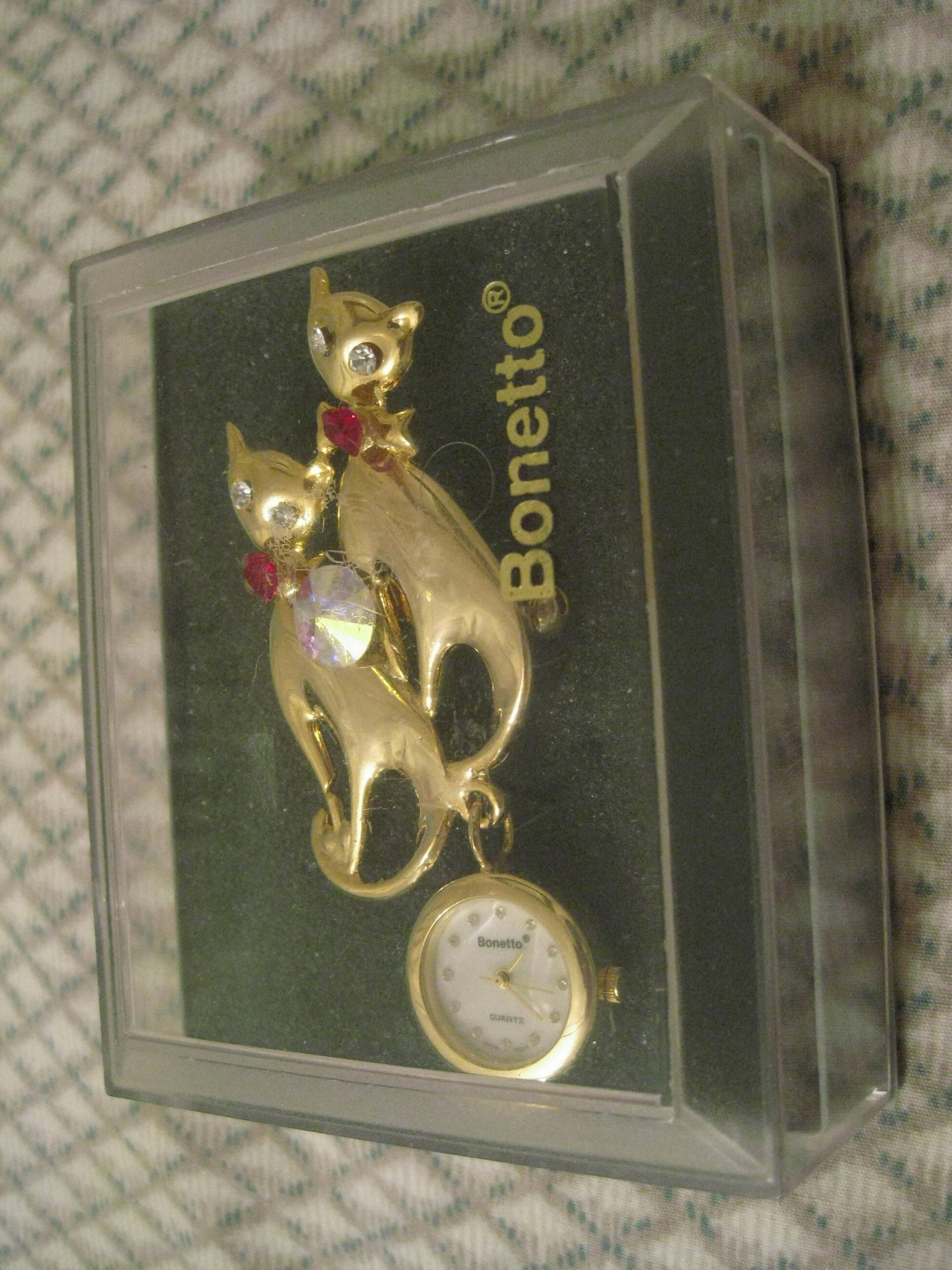 Vintage Bonetto Katzen Brosche Uhr Strass Herz, Goldfarben von vserendipityboutique