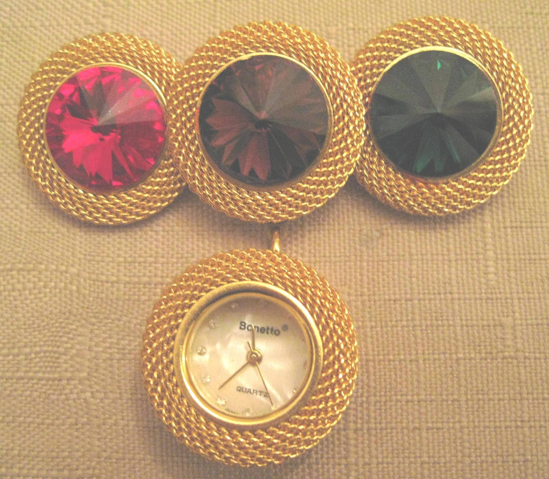 Vintage Bonetto Strass Brosche Uhr Gold Ton Mesh, Perlmutt-Gesicht von vserendipityboutique