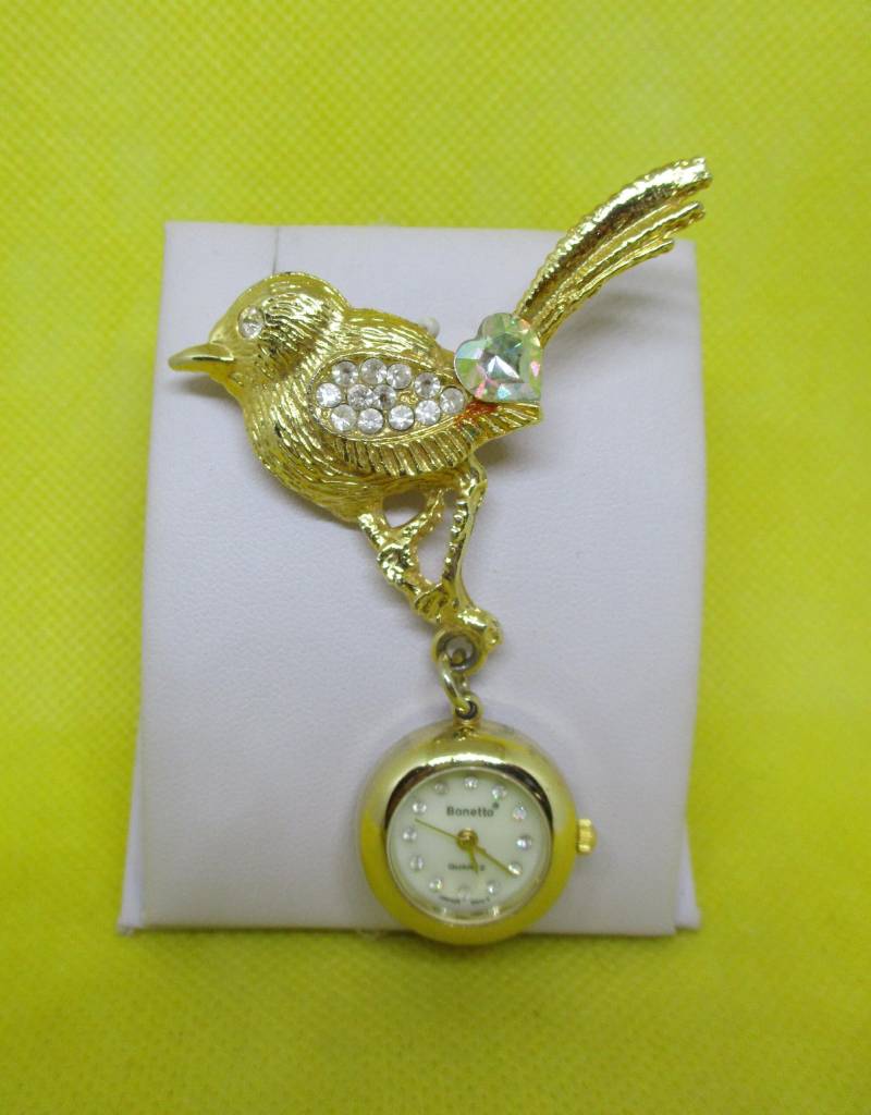 Vintage Bonetto Vogel Brosche Uhr Goldfarbener Strass Anhänger Vintage Bonetto Vogel Brosche Uhr Goldfarbener Strass Anhänger von vserendipityboutique