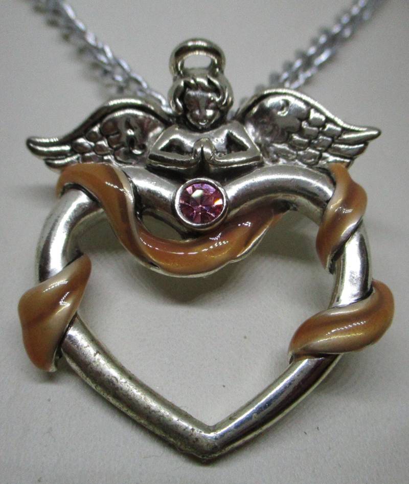 Vintage Engel Herz Anhänger Silber Strass Emaille Anhänger von vserendipityboutique