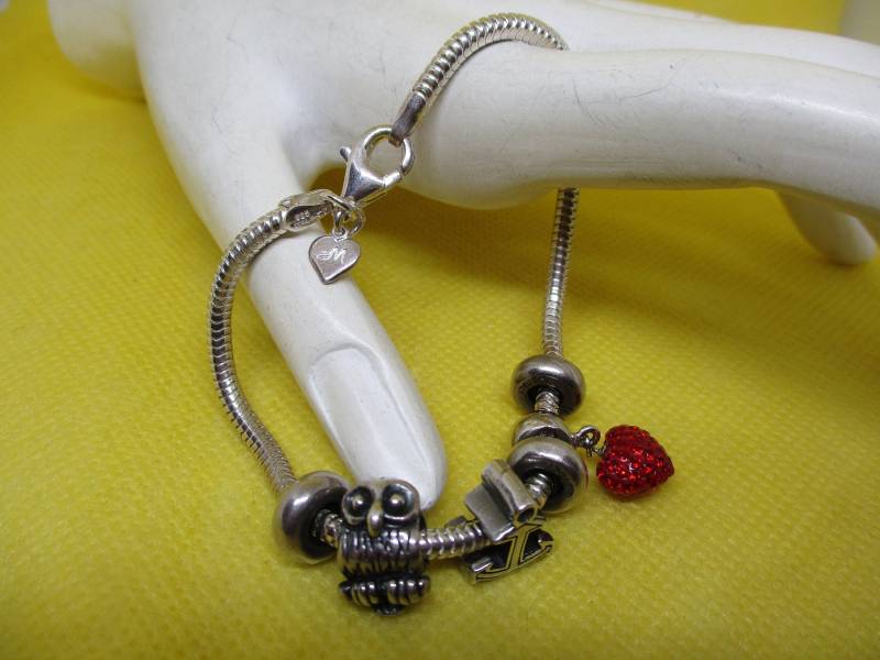 Vintage Michaelbuny Sterling Silber Bettelarmband Eule, Rotes Kristall Herz Vintage Michaelbuny Sterling Silber Bettelarmband Eule, Rotes Kristall Herz von vserendipityboutique