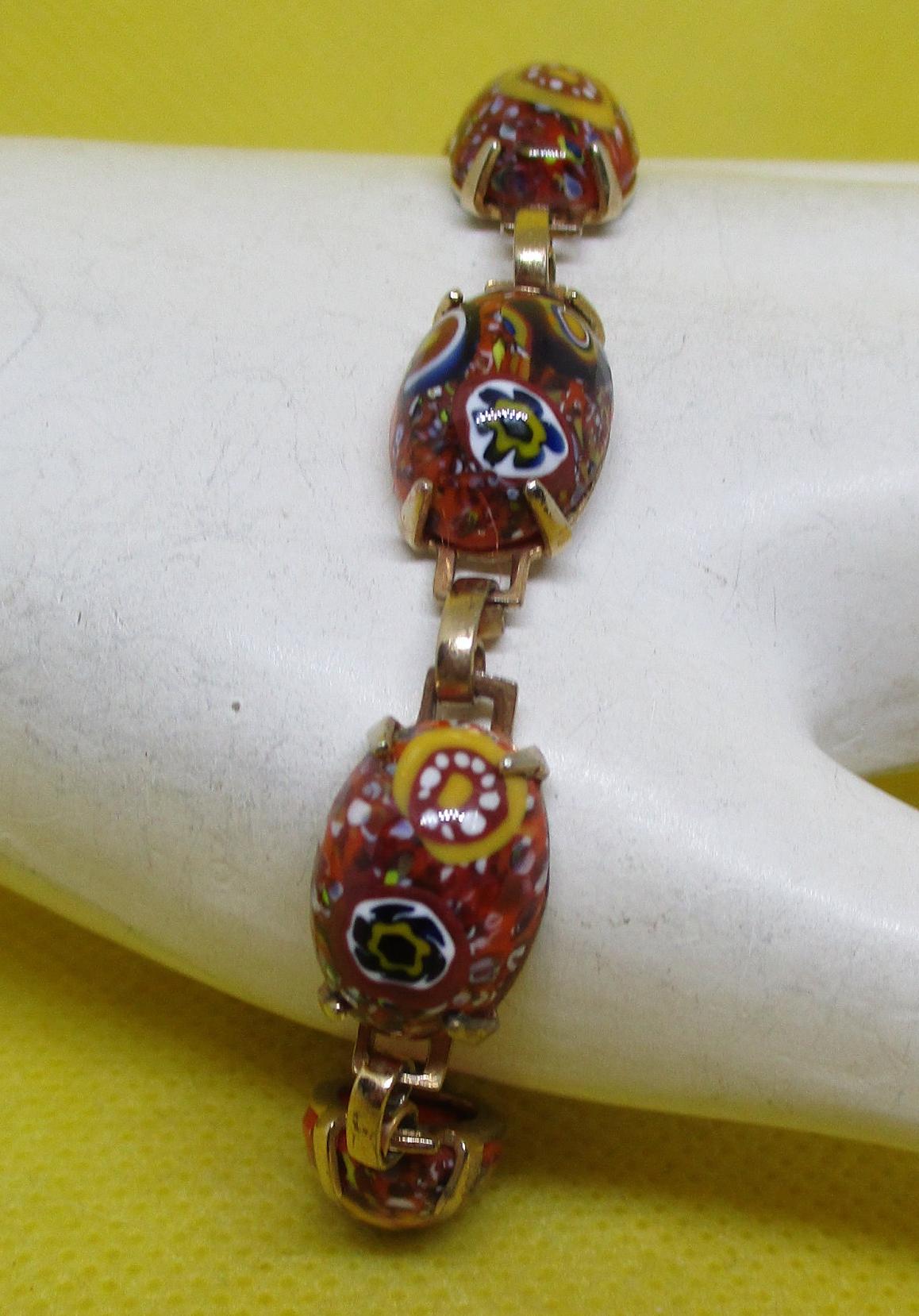 Vintage Millefleur Glas Armband Goldfarbene Blumen Cabochons, 1950Er Jahre von vserendipityboutique