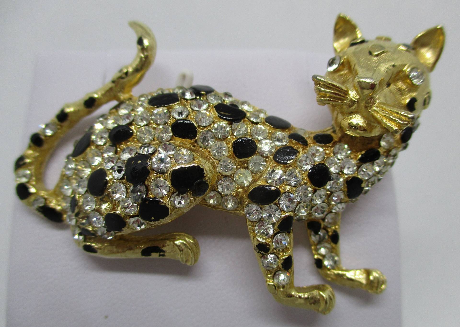 Vintage Strass Leopard Brosche Schwarze Emaille, Goldfarben, 1960Er Jahre von vserendipityboutique