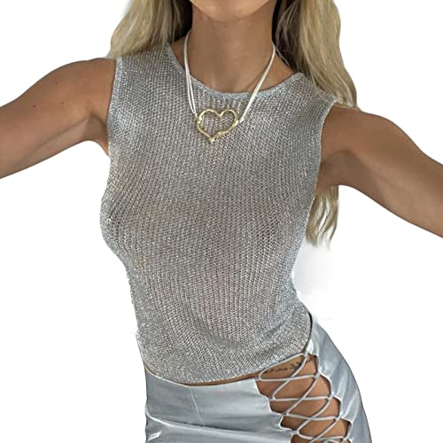 vsilay Damen Sexy durchsichtiges Netz-Tank-Top, glänzend, glitzernd, Stoff, durchscheinend, ärmellos, lässig, schmale Passform, Clubwear, silber, L von vsilay