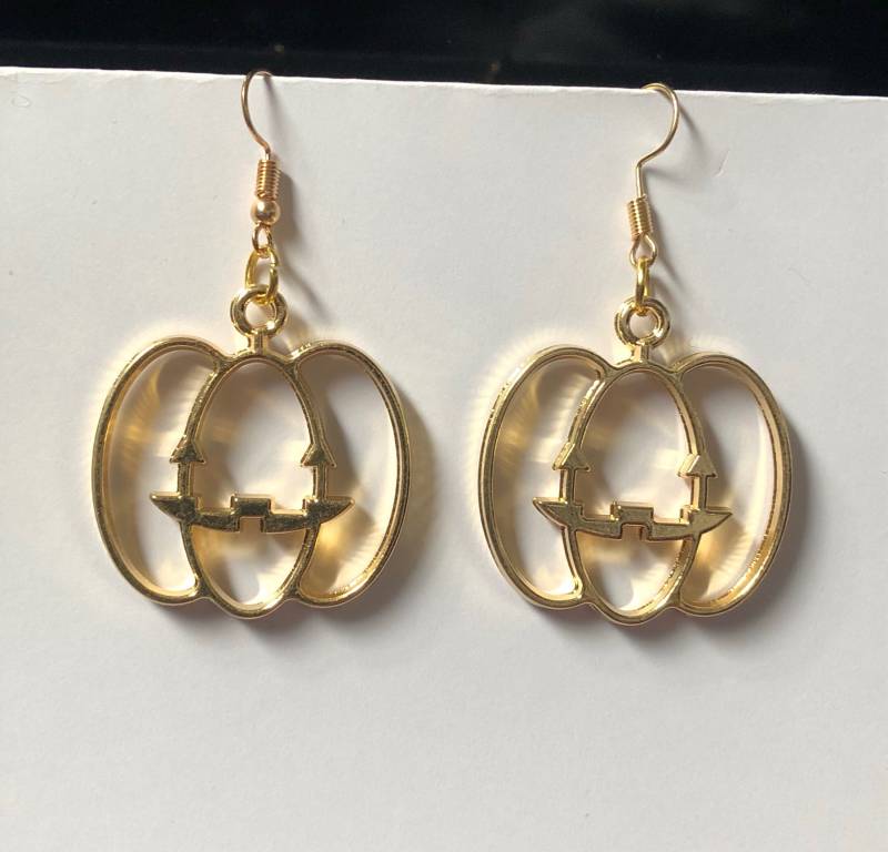 Halloween Kürbis Hohlen Gold-Ton Rahmen Tropfen Ohrringe Modeschmuck von vuvvy