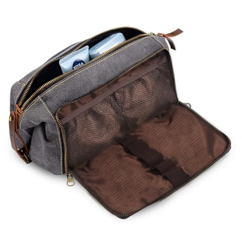 vveWin Herren Kulturtasche für Frauen Reise-Kulturbeutel Dopp Kit YKK Reißverschluss aus Canvas und Leder (Grey1, M) von vveWin