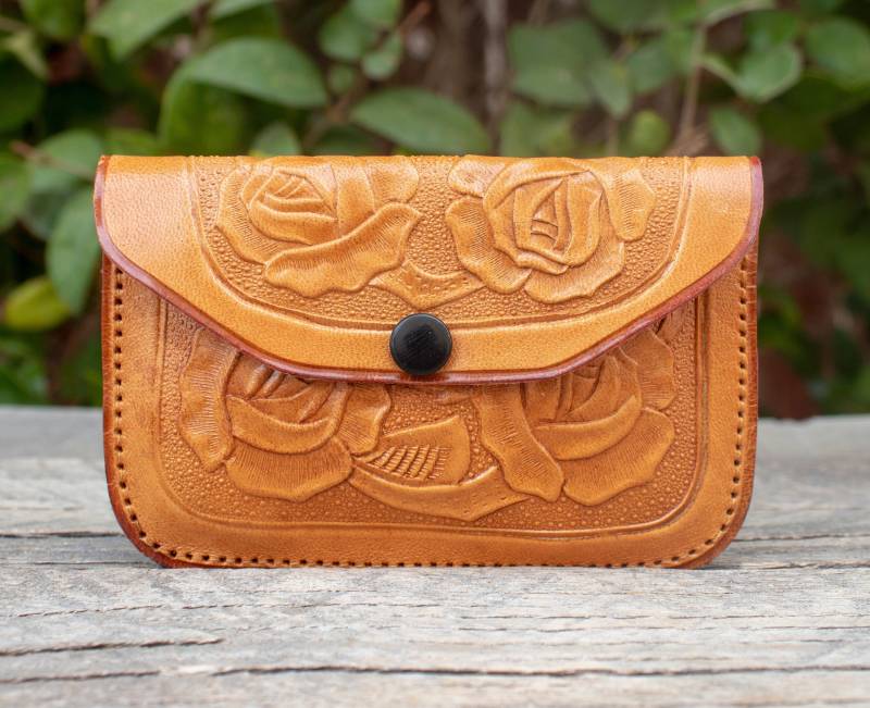 Damen Leder Rose Gestempelt Schlanke Handgefertigte Geldbörse Brieftasche von vvmexico