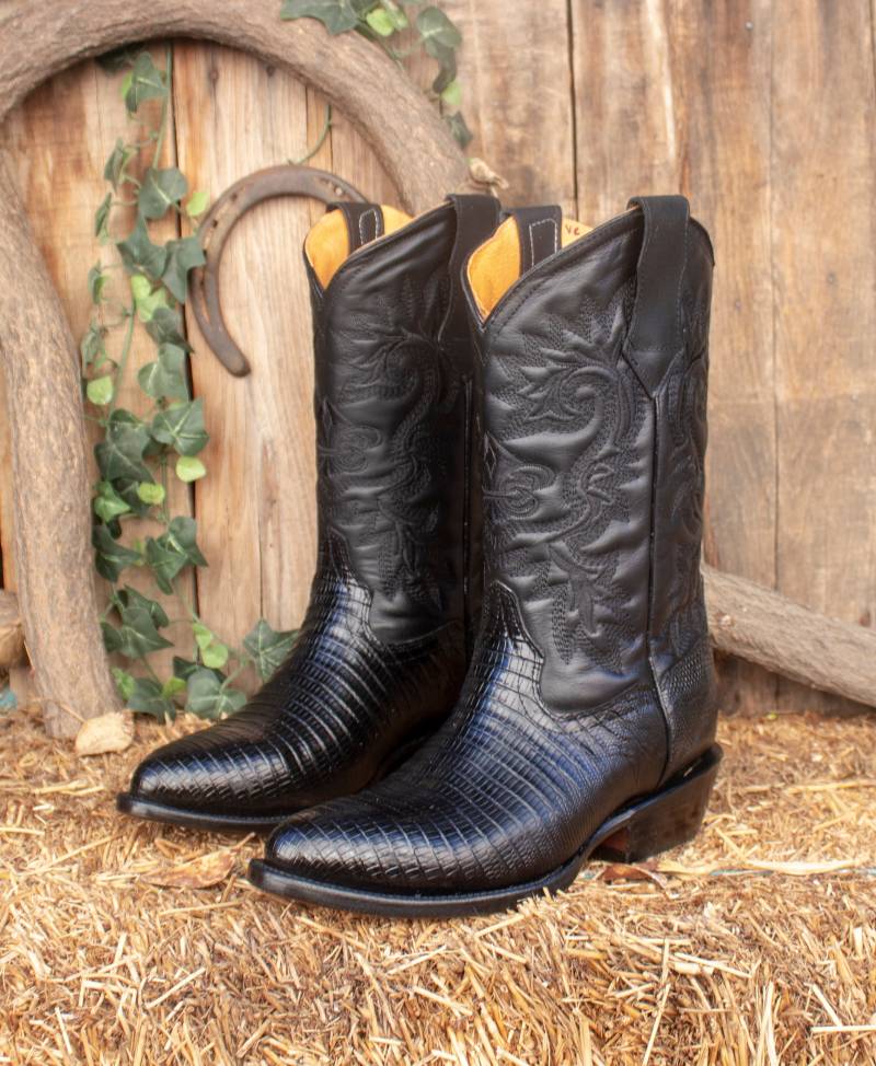 Herren Schwarz Eidechse Bedruckt Teju Leder Cowboy Westernstiefel Botas von vvmexico