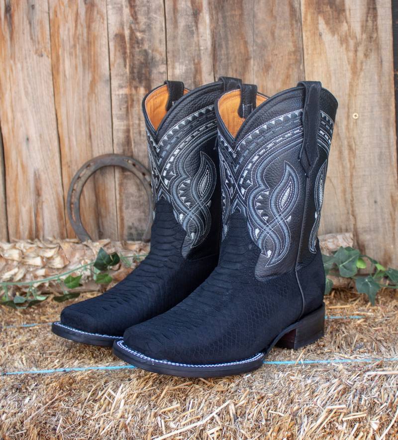Herren Schwarze Python Schlange Kunstleder Karree Cowboy Western Rodeo Stiefel Piton von vvmexico
