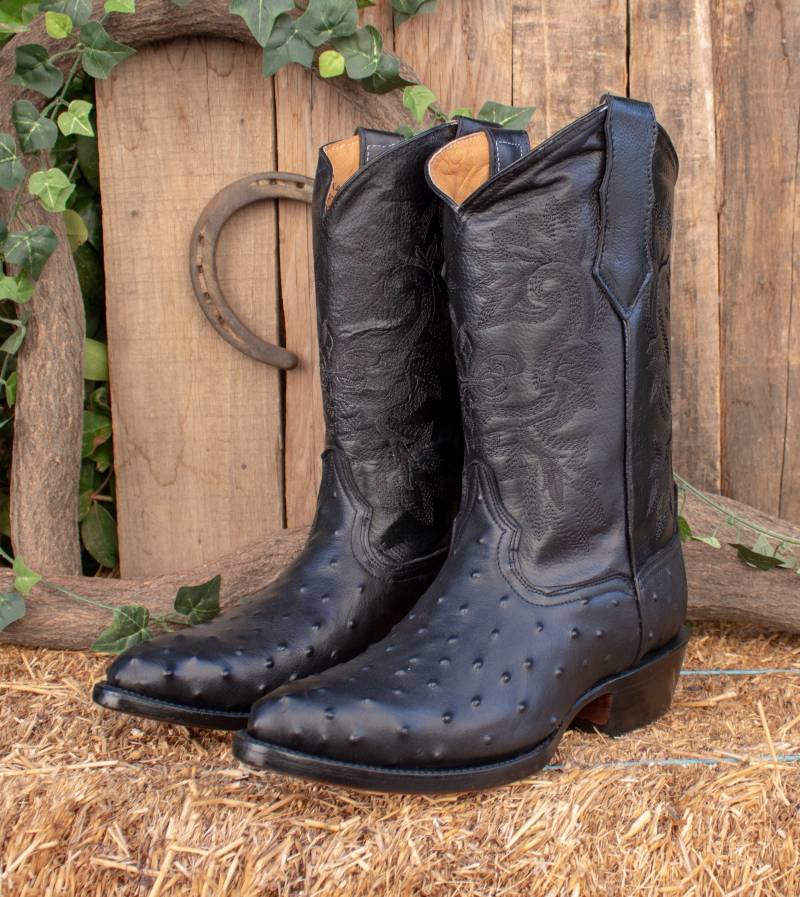 Herren Schwarzen Kunstleder Ostrich Print Leder Cowboy Stiefel Mit Spitzer Kappe von vvmexico