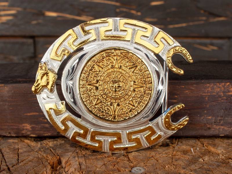 Hufeisen Aztec Kalender Cowboy Western Gürtelschnalle von vvmexico