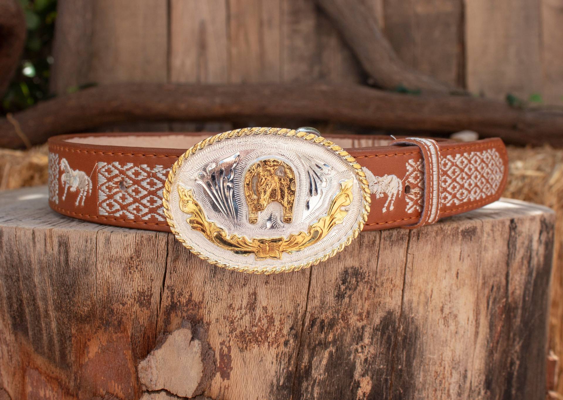 Kinder Jungen Kleinkind Western Pferd Bestickt Charro Cowboy Leder Gürtel & Hufeisenschnalle von vvmexico