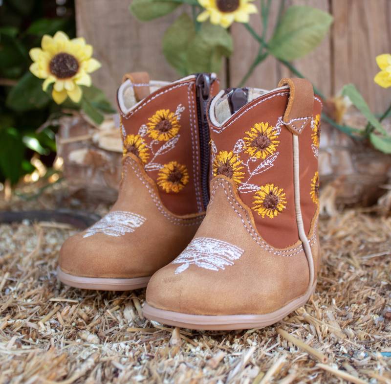 Mädchen Baby Bestickte Sonnenblume Runde Kappe Leder Cowboystiefel von vvmexico