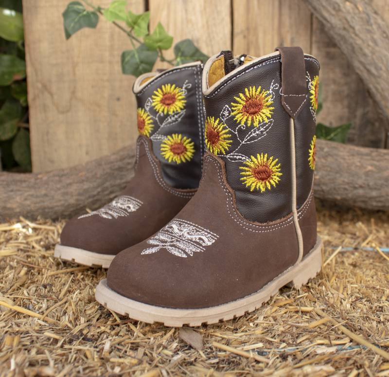 Mädchen Baby Bestickte Sonnenblume Runde Kappe Leder Cowboystiefel von vvmexico