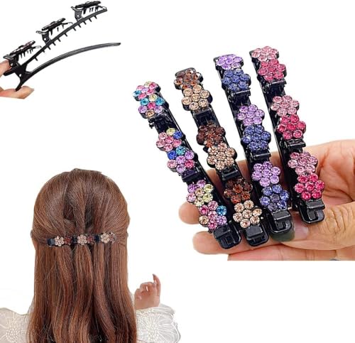 2024 Glitzernde Kristall-Stein Geflochtene Haarspangen, Kolibri Haarspange mit Kristallblume, Klee-Strass-Haarspange, Große Haarspangen für Dickes Haar mit 3 Mini-Haarspangen für Damen (A) von waabose