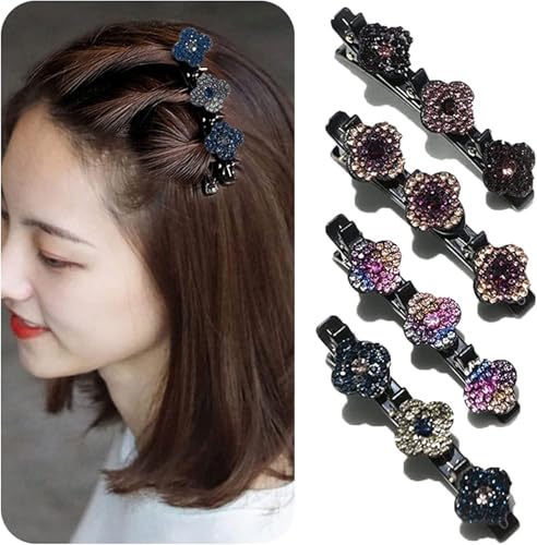 2024 Glitzernde Kristall-Stein Geflochtene Haarspangen, Kolibri Haarspange mit Kristallblume, Klee-Strass-Haarspange, Große Haarspangen für Dickes Haar mit 3 Mini-Haarspangen für Damen (B) von waabose