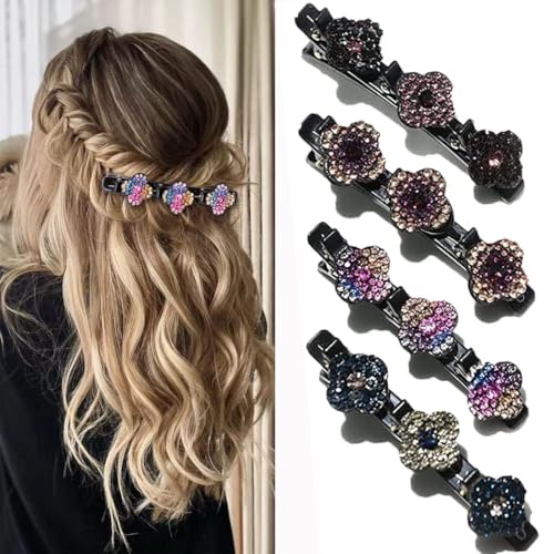 Glitzernde Kristall-Stein Geflochtene Haarspangen, 4 Pcs Geflochtene Haarspangen, Kolibri Haarspange mit Kristallblume, Haarspangen für Dickes Spärlich Haar mit 3 Mini-Haarspangen für Damen (A) von waabose