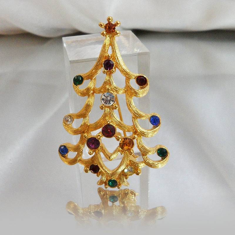 Weihnachten-Brosche. Weihnachten-Pin. Lockig Weihnachtsbaum Brosche. Monet. Grün, Blau, Rot Strass. Urlaub-Pin. Waalaa von waalaa