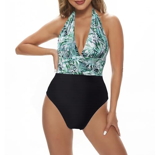 Badeanzug Damen Bauchweg Raffungen Push Up Monokinis V Ausschnitt Rückenfrei Einteilige Bademode Swimsuit (Grünes Blatt, M) von wadizo