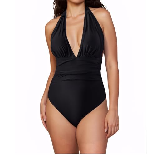 Badeanzug Damen Bauchweg Raffungen Push Up Monokinis V Ausschnitt Rückenfrei Einteilige Bademode Swimsuit (Schwarz, S) von wadizo