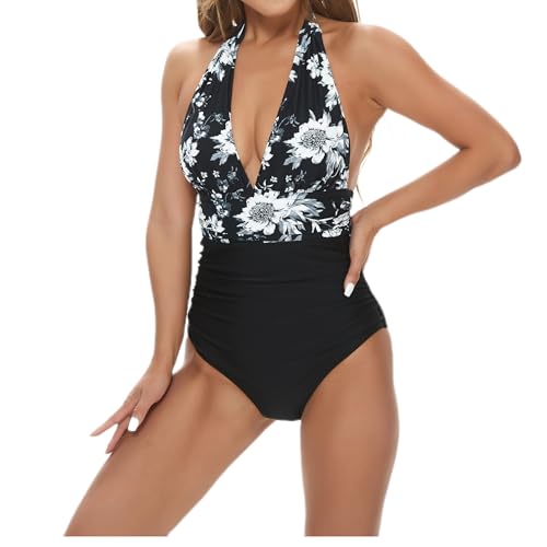 Badeanzug Damen Bauchweg Raffungen Push Up Monokinis V Ausschnitt Rückenfrei Einteilige Bademode Swimsuit (Schwarz Blume, 2XL) von wadizo