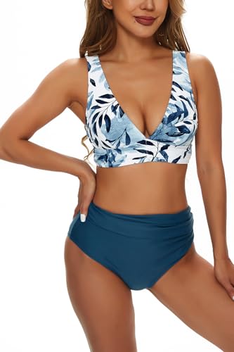 Bikini Damen Set High Waist Raffungen Bauchweg Zweiteiliger Badeanzug V Ausschnitt Push Up Komfort Breite Träger Bademode Swimsuit (Blaue Blätter, XL) von wadizo