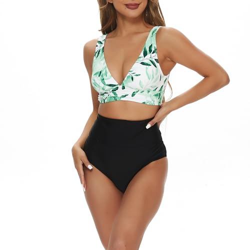 Bikini Damen Set High Waist Raffungen Bauchweg Zweiteiliger Badeanzug V Ausschnitt Push Up Komfort Breite Träger Bademode Swimsuit (Grüne Blätter, XS) von wadizo