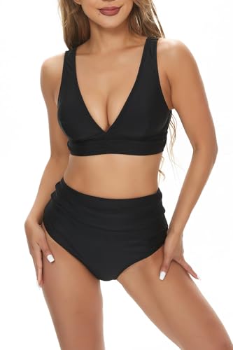 Bikini Damen Set High Waist Raffungen Bauchweg Zweiteiliger Badeanzug V Ausschnitt Push Up Komfort Breite Träger Bademode Swimsuit (Schwarz, XS) von wadizo