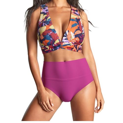 Bikini Damen Set High Waist Raffungen Bauchweg Zweiteiliger Badeanzug V Ausschnitt Push Up Komfort Breite Träger Bademode Swimsuit (Violett, S) von wadizo