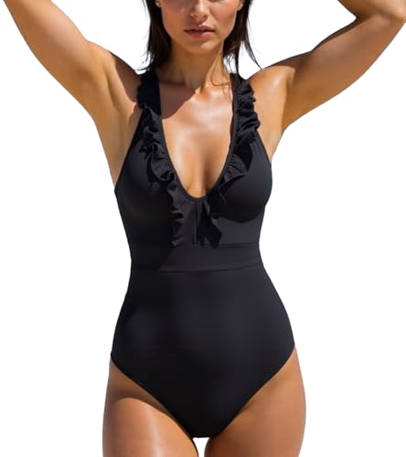 Damen Badeanzug Hoher Ausschnitt Einteilige Bademode Monokinis Push up Bauchweg Effekt Rückenausschnitt High Waist Swimsuit (Schwarz, XL) von wadizo