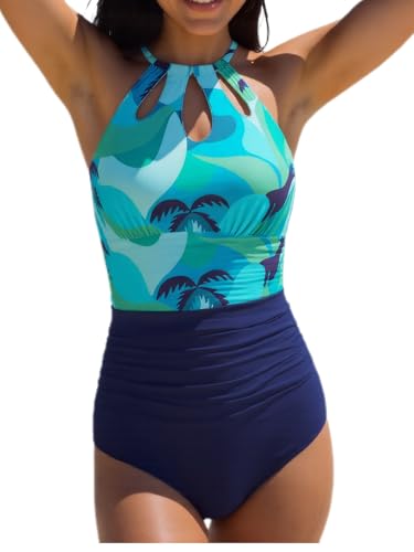 wadizo Damen Badeanzug Bauchweg Push up Bademode Badeanzüge für Damen Monokinis mit Verstellbares Rückband High Waist Schwimmanzug Swimsuit for Women (B Blau Blatt, M) von wadizo