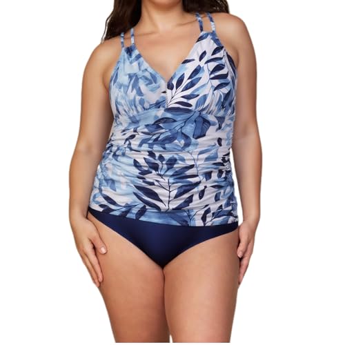 Tankini Damen Bauchweg Set Push Up Rüschen Zweiteilige Badeanzug High Waist Bikini Bademode Halter V-Ausschnitt Top (Blaues Blatt, XL) von wadizo